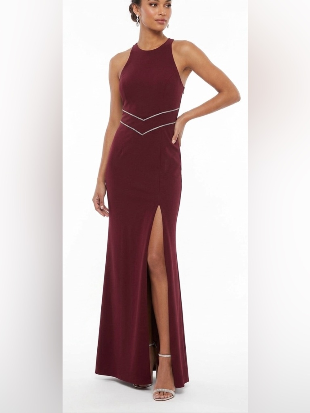 Dave & Johnny Burgundy Wine Sleeveless Maxi Dress with Side Slit